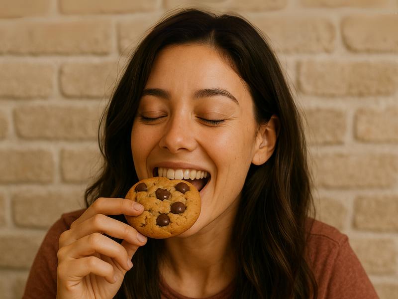 ソフトクッキーをしあわせそうに食べる女性