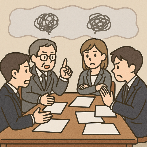 会議室で意見がすれ違い、誰も結論にたどり着かないイラスト