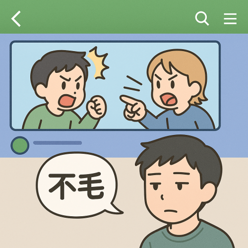 SNSのタイムラインで言い争う人と「不毛」と呟くキャラクター