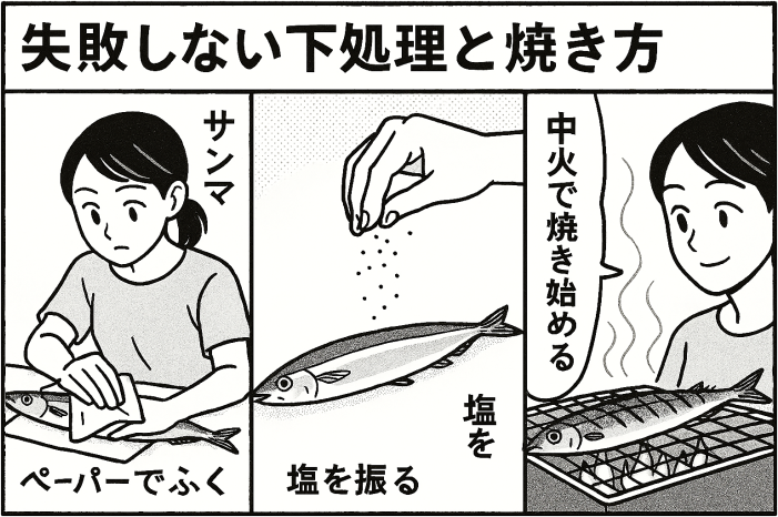 サンマをペーパーでふく→塩を振る→中火で焼き始める手順イラスト